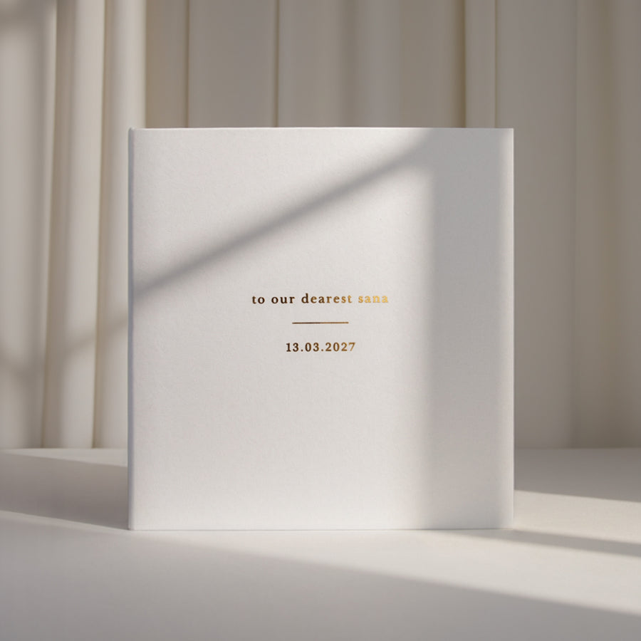Minimalist Silky White Letters to the Bride book personalized with Real Gold wording and a special date.