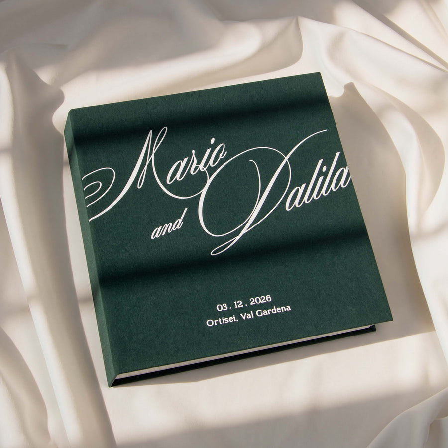 Forest Green Polaroid wedding guest book with oversized White Velour script, personalized names, date and location.